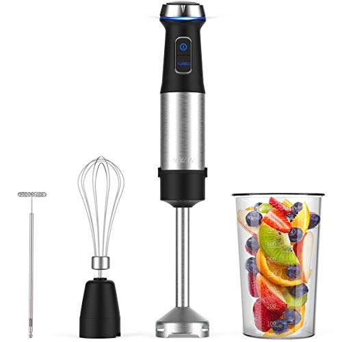 NXONE Immersion Hand Blender, 4-in-1 Variable Stepless Speed Control Multifunctional Stick Blender with Brushed Stainless Steel Blades, 800ml Mixing Beaker, Milk Frother and Egg Whisk for Smoothies, Puree Baby Food, Sauce and Soup, Black