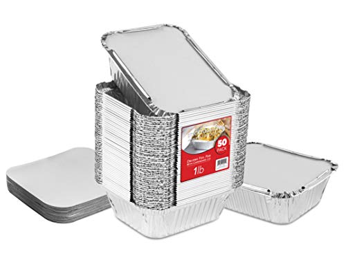 Aluminum Pans Take Out Containers (50 Pack) 50 Foil Oblong Pans and 50 Cardboard Lids - 1 Lb Tin Pans - Disposable Food Storage Containers for Cooking, Baking and Meal Prep