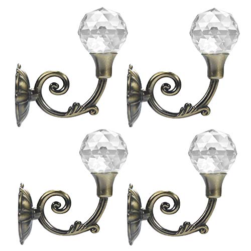 Creatyi 4 PCS Clear Crystal Curtain Holdbacks Tassel Holder Curtain Tieback Hook （Bronze