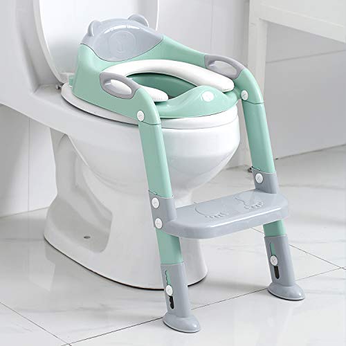 Potty Training Seat Boys Girls,Toddlers Potty Seat Toilet Chair, Kids Toilet Training Seat with Step Stool Ladder (Gray/Green)