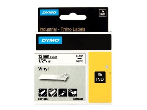 DYMO 18444 Rhino Permanent Vinyl Industrial Label Tape, 1/2-Inch x 18 ft, White/Black Print