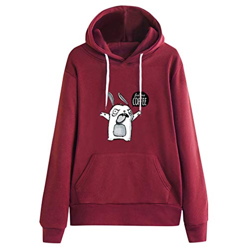 ErYao Feed Me Coffee Women Hoodie Sweatshirt Winter Casual Long Sleeve Blouse Pullover Tops with Pocket (Red, XXXL)