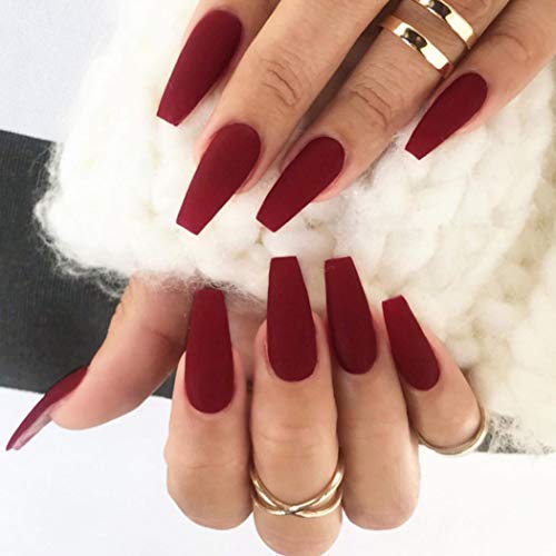 Sakytal Matte Coffin Press on Nails Red Long Ballerina Fake Nails Acrylic Full Cover Artificial False Nails Accessories for Women and Girls (24Pcs)
