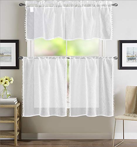 EliteHomeProducts EHP 3 Piece Sheer Linen Look Pom Pom Kitchen Curtain, Rod Pocket Set, 1 Valance & 2 Tiers (White, 36' Tiers)