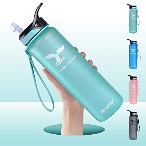 TILUCK Water Bottle with Straw Lid 34oz Motivational Fitness Sports Water Bottle with Time Marker & Straw, Large Wide Mouth Leakproof Durable BPA Free Non-Toxic (Green)