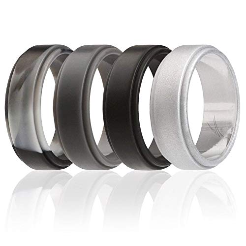 ROQ Silicone Wedding Ring for Men, 4 Pack Silicone Rubber Band Step Edge - Black, Grey, Black Camo, Silver - Size 9