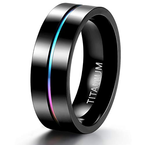 TIGRADE 5mm 7mm Rainbow Titanium Ring Colorful Thin Groove Wedding Band Couple Rings Size 5-13, 7mm, Size 10