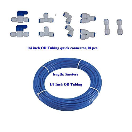 YZM 10 pcs 1/4' Quick Connect Push in to Connect Water Purifiers Tube Fittings for RO Water Reverse Osmosis System+10 Meters（32 feet） tubing Hose Pipe (Blue tubing 10 Meters)