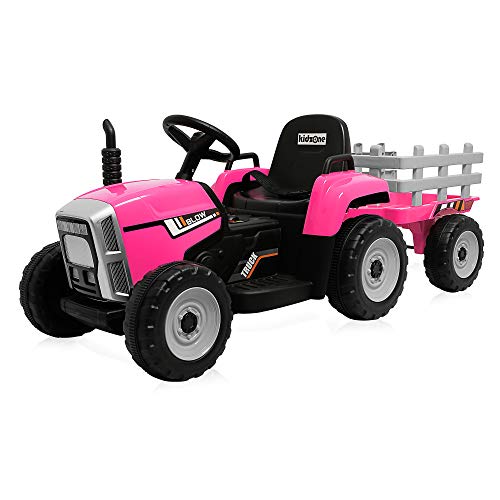Kidzone 12V 7AH Kids Battery Powered Electric Tractor with Trailer Toddler Ride On Ground Loader w/ 2 Speeds 7-LED Lights USB & Bluetooth Audio Treaded Tires, Pink