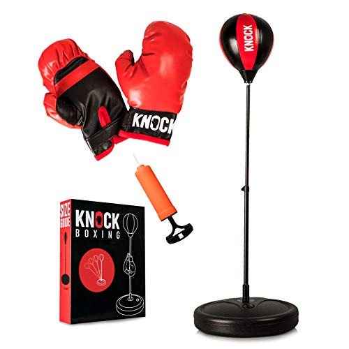 Indoor Punching Bag for Kids - Home Gym Youth Workout Equipment - Complete Boxing Set Includes Gloves & Small Pump - Free Standing Bag with Adjustable Height - Great Gift Idea for Boys or Girls