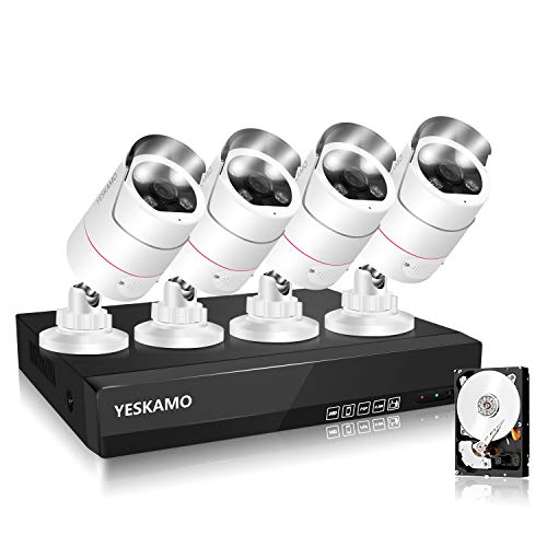 YESKAMO PoE Outdoor Home Security Camera System [Floodlight & 2 Way Audio] 5K 8ch NVR 4pcs 3MP Spotlight IP Cameras with 2TB Hard Drive, Color Night Vision,Siren Alarm,AI Human Detection