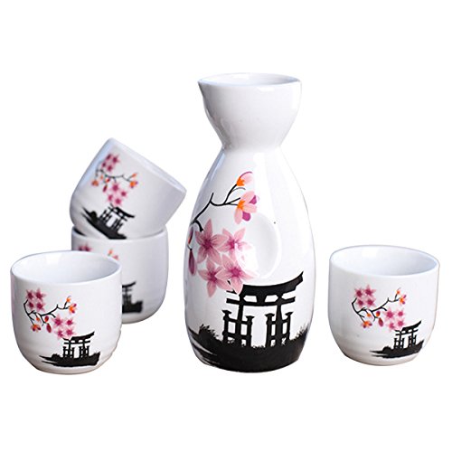 Tosnail 5 pcs Ceramic Japanese Sake Set - Pink Blossom