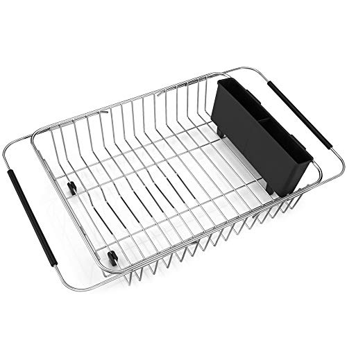 iPEGTOP Expandable Dish Drying Rack, Over the Sink Dish Rack, In Sink Or On Counter Dish Drainer with Black Utensil Holder Cutlery Tray, Rustproof Stainless Steel for Kitchen