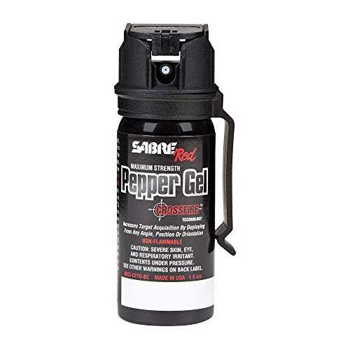 SABRE RED Crossfire Pepper Gel Spray with Belt Clip – 360-Degree Deployment, Maximum Police Strength Pepper Gel with Quick Access Flip Top, 18-foot (5.5 m) Range, 18 Bursts – Gel is Safer, Black