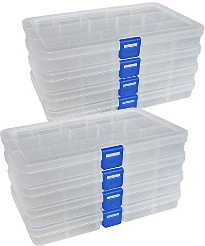 DUOFIRE Plastic Organizer Container Storage Box Adjustable Divider Removable Grid Compartment for Jewelry Beads Earring Container Tool Fishing Hook Small Accessories (15 grids, White X 8)