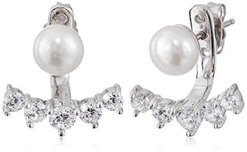 Platinum-Plated Sterling Silver Cubic Zirconia Freshwater Cultured Pearl with White Earring Jackets