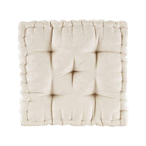 Intelligent Design Azza Floor Pillow Square Pouf Chenille Tufted with Scalloped Edge Design Hypoallergenic Bench/Chair Cushion, 18'x18'x5', Ivory