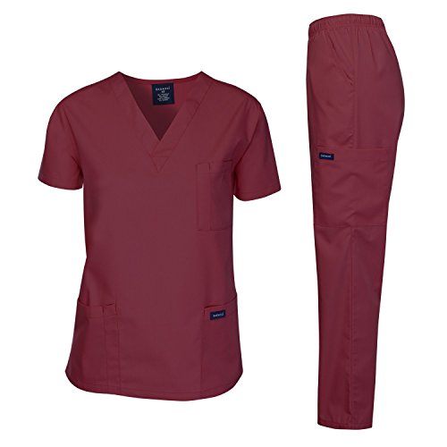 Dagacci Medical Uniform Woman and Man Scrub Set Unisex Medical Scrub Top and Pant, Burgundy, S