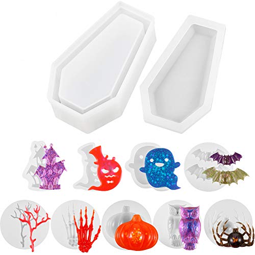 10 Pieces Halloween Resin Silicone Molds Coffin Molds Bat Skull Pumpkin Ghost Molds Halloween Decorative Casting Mold for Halloween Theme DIY Making Supplies