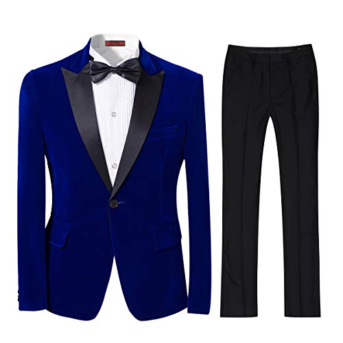 Mens 2-piece Suit Peaked Lapel One Button Tuxedo Slim Fit Dinner Jacket & Pants,Blue,Large