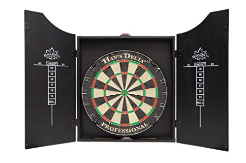 HAN'S DELTA Professional Bristle Dartboard Cabinet Set, Metal Corner Reinforcement, Regulation Steel Tip Dartboard, Includes 6 Steel Tip Darts and Scoreboards (Black)