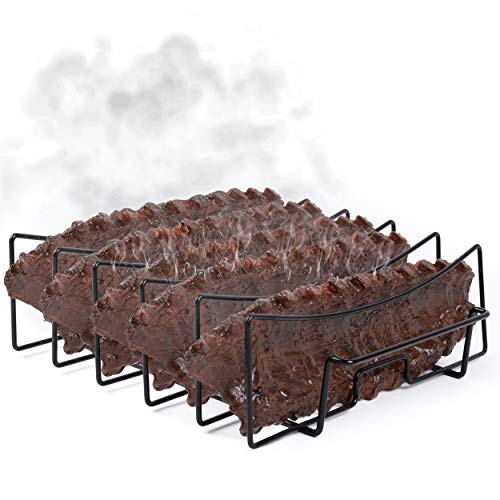 SparkIt Rib Rack for Smoking and Grilling - Non Stick Holds 5 Ribs - Full Ribs No Trimming in Half - No More Stuck Ribs! - Easy Clean with Premium Coating - Ultimate Smoker Accessory for Grill