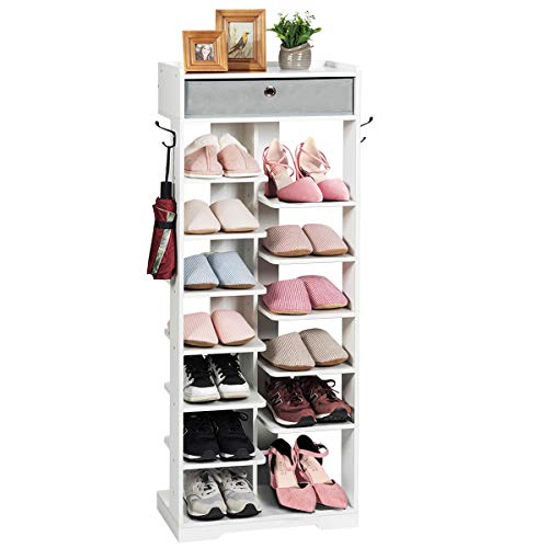 Tangkula 12-Tier Wooden Shoe Rack, Entryway Shoes Storage Stand with Storage Drawer Hooks & Extra Top Storage, Space Saving Vertical Shoe Storage Shelves Can Hold 13 Pairs Shoes, Storage Shelf (White)