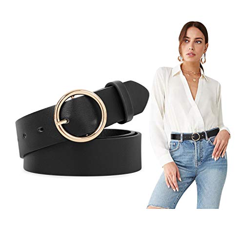 Women Leather Belts Black Belt Women PU Leather Waist Belt with O-Ring Buckle Women Vintage Retro Belts for Jeans Dress Pants,black,30-34