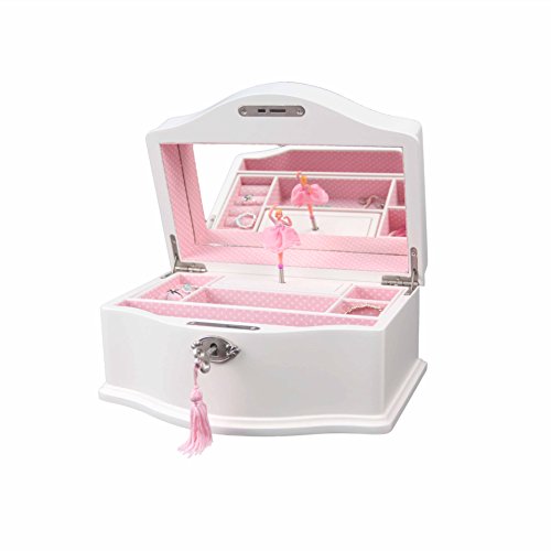 Elle Ballerina Music Jewelry Box with Lock, Wooden Case, Girl's Keepsake Box (Large/White)