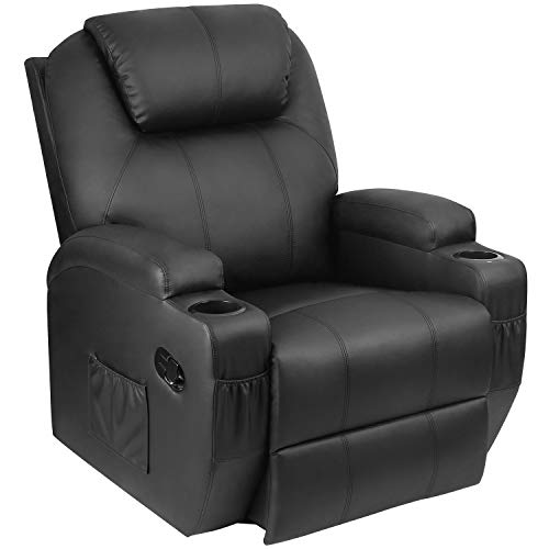 Pawnova PA-SPS9M0BK PU Leather Chair with Massage Function, Adjustable Home Theater Single Recliner Thick Seat and Backrest, 360°Swivel and Rocking Sofa for Living Room, Black