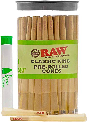 Raw Pre-Rolled Cones Classic King: 100 Pack - King Size Rolling Papers with Filter Tips - All Natural Slow Burning RAW Cone - Includes Green Blazer Doob Tube