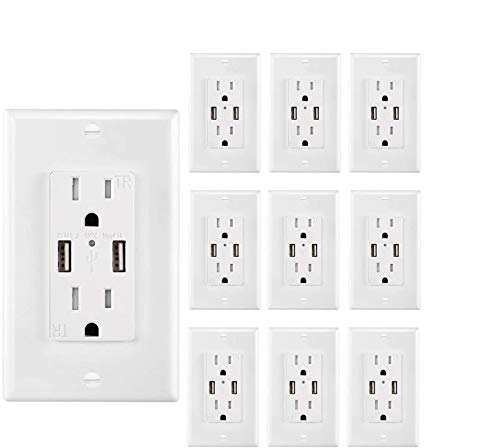USB Outlet Charger Wall Plate 10Pack, 4.2A High Speed Decora Outlet Receptacle with Dual USB Ports 15A 125V 60Hz Tamper Resistant & Free Faceplate