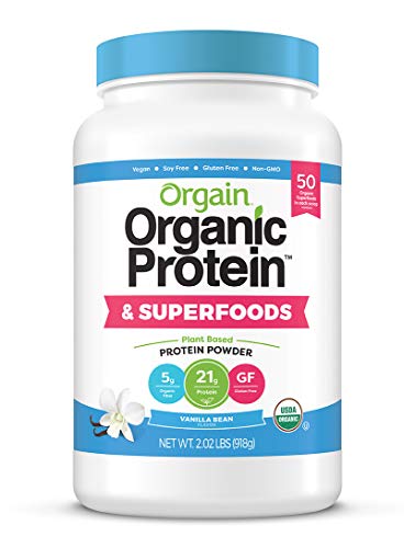 Orgain Organic Plant Based Protein + Superfoods Powder, Vanilla Bean - Vegan, Non Dairy, Lactose Free, No Sugar Added, Gluten Free, Soy Free, Non-GMO, 2.02 Lb
