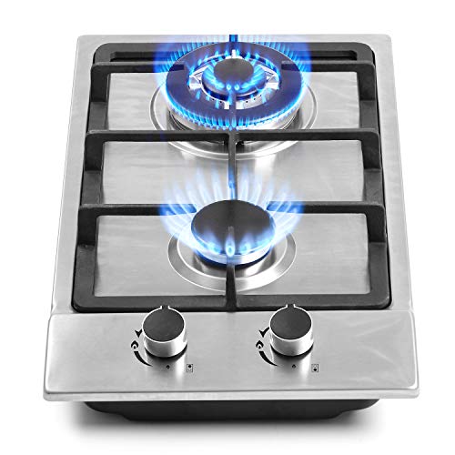 12' Gas Cooktops, 2 Burner Drop-in Propane/Natural Gas Cooker, 12 Inch Stainless Steel Gas Stove Top Dual Fuel Easy to Clean (12Wx20L)
