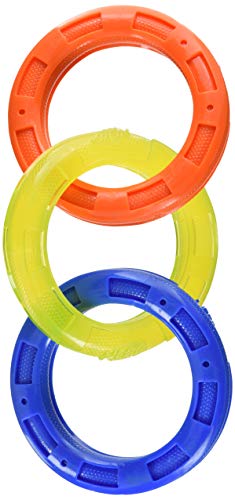 Nerf Dog Multi-Ring Tuff Tug Dog Toy, Lightweight, Durable and Water Resistant, 4 Inch Diameter for Medium/Large Breeds, Single Unit, Blue, Orange, Green