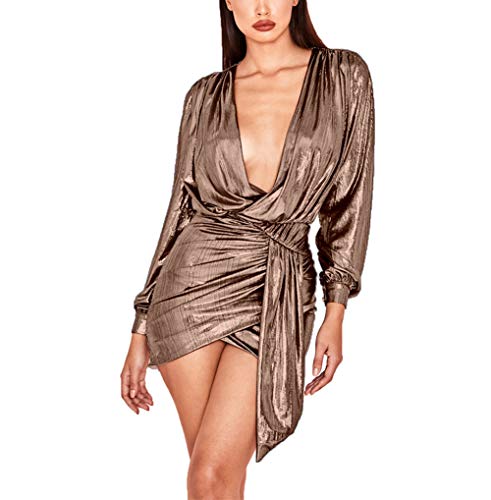 Ophestin Womens Sexy Deep V Neck Metallic Glitter Ruched Long Sleeve Party Dress Rose Gold Size XL