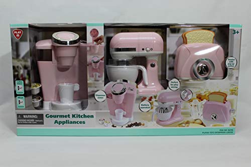 PlayGo Pretend Play Gourmet Kitchen Appliance Set - Single Serve Coffee Maker, Mixer & Toaster, 3 Piece, Pink