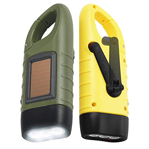 Simpeak [ 2-Pack] Hand Crank Solar Powered Flashlight, Emergency Rechargeable LED Flashlight, Survival Flashlight, Quick Snap Carbiner Dynamo Flashlight Torch for Outdoor Sports, Green+Yellow