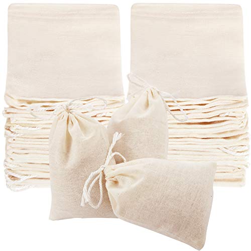 50 Pieces Cheesecloth Bags Tea Strainer Bags Reusable Coffee Tea Brew Herb Bags Cotton Muslin Drawstring Bags Mesh Filter Bags for Office Home Kitchen, 4 x 3 Inches, Beige