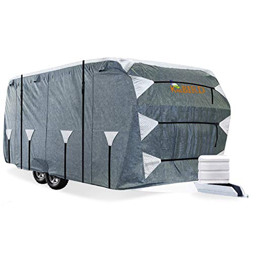 KING BIRD Upgraded Travel Trailer RV Cover, Extra-Thick 5 Layers Anti-UV Top Panel, Deluxe Camper Cover, Fits 24-27ft RV Cover -Breathable, Water-Proof, Rip-Stop with 2Pcs Straps & 4 Tire Covers