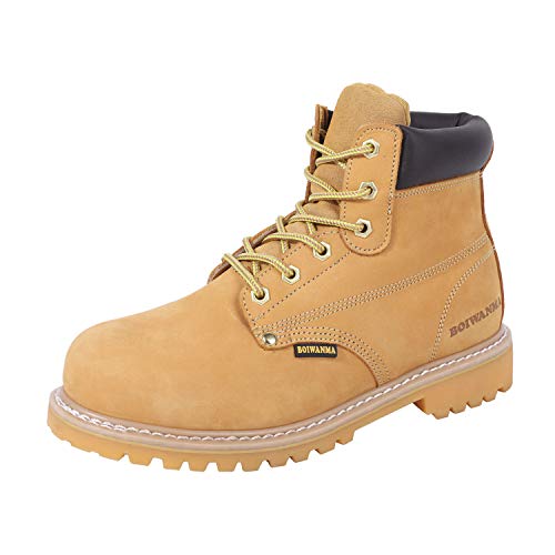 BOIWANMA Steel Toe Work Boots, Waterproof Industrial and Construction Nubuck Leather Boots with Slip-Resistant Rubber Sole, for Men & Women
