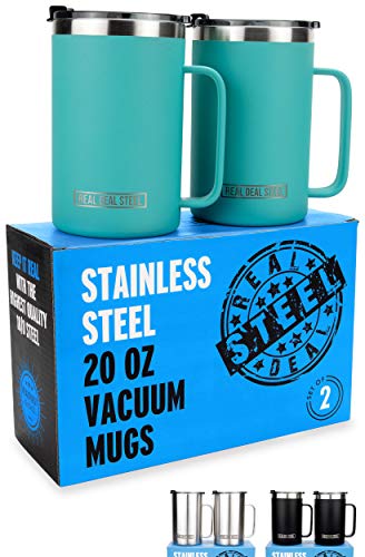 Stainless Steel Vacuum Insulated Mugs: 20 oz Large Double Wall Set of 2 Coffee Mugs with Lid and Handle, Camping Mugs that Keep Coffee Hot (Tiffany Blue)