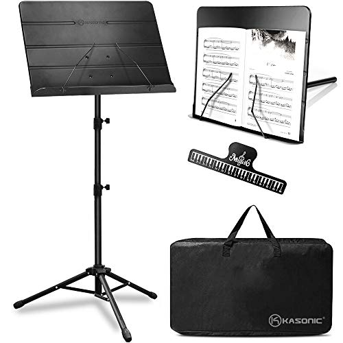 Kasonic 2 in 1 Dual-Use Folding Sheet Music Stand & Desktop Book Stand with Portable Carrying Bag and Music Sheet Clip Holder (Black)