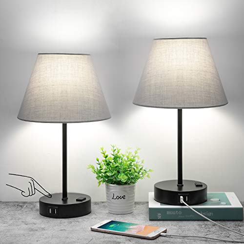 Touch Control Table Lamp Set of 2, Small Bedside Lamp with 2 USB Ports and AC Outlet, 3 Way Dimmable Nightstand Lamp Modern Gray Shade Simple Desk Lamp for Bedroom, Office or Dorm, LED Bulb Included