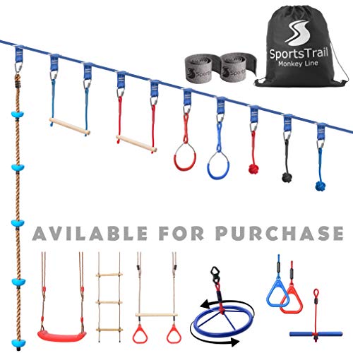 Ninja Warrior Obstacle Course for Kids 50' Slackline Kit, Jungle Gym Monkey Bars Kit for Kids and Adults + Climbing Rope, Warrior Training Equipment, Gymnastic Bar, Gym Rings, Rope Knot, Monkey Bars