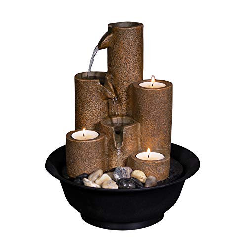 Alpine Corporation WCT202 Tiered Column Tabletop Fountain w/ 3 Candles, 11 Inch Tall, Brown