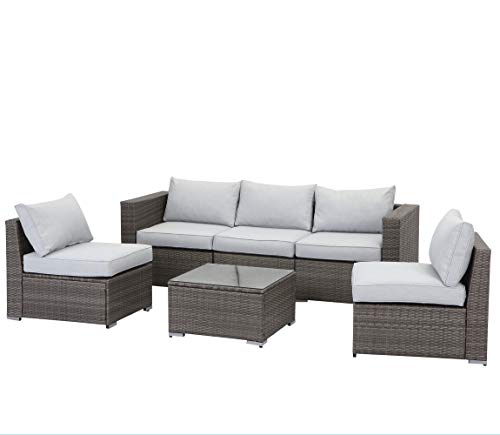 Wisteria Lane 6 Piece Outdoor Furniture Set, Patio Sectional Sofa for Garden Backyard, Modular Wicker Couch with Glass Table - Upgrade Grey Cushion