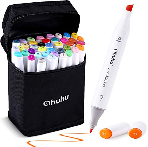 Ohuhu 40-color Alcohol Markers, Dual Tips Permanent Art Markers for Kids, Highlighter Pen Sketch Markers for Drawing Sketching Adult Coloring, Alcohol-based Markers, Comes w/ 1 Alcohol Marker Blender