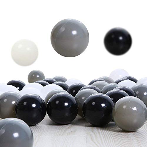PlayMaty 100 Pieces Colorful Pit Balls Plastic Phthalate Free BPA Free Ocean Ball Crush Proof Stress Balls for Toddlers and Kids Playhouse Pool Ball Pit Accessories 2.1 Inches White Black Grey