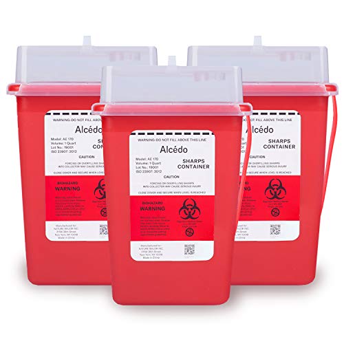 Sharps Container for Home Use and Professional 1 Quart (3-Pack) by Alcedo | Biohazard Needle and Syringe Disposal | Small Portable Container for Travel
